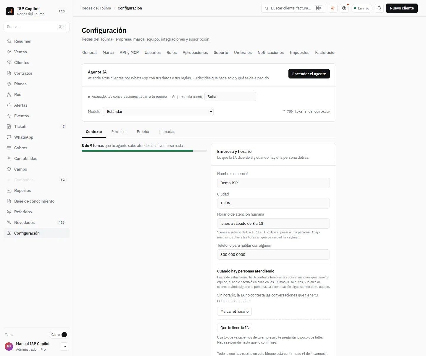 Configuración › Agente IA: encenderlo, su contexto, sus permisos y la prueba
