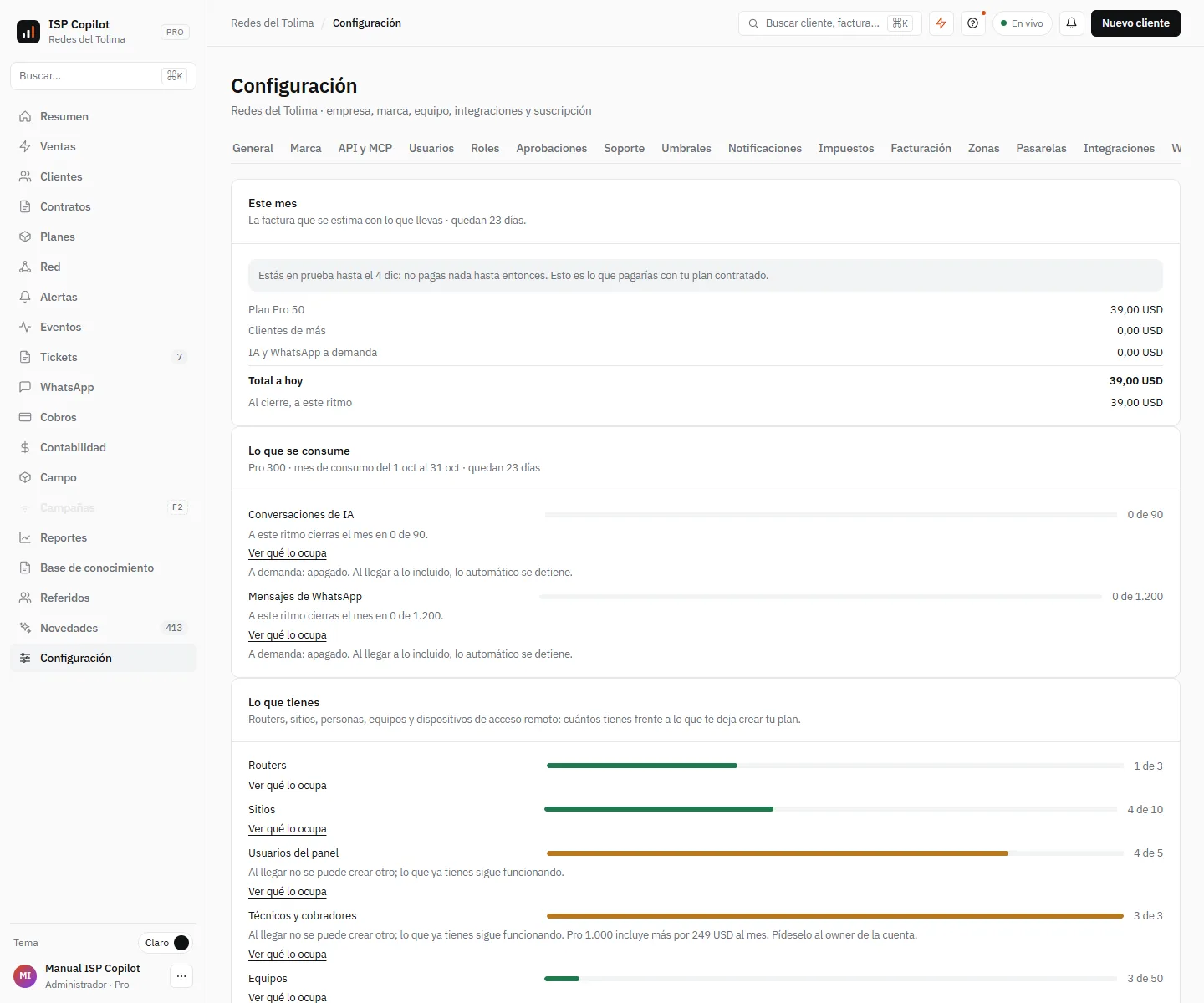 Configuración › Consumo: lo que llevas de cada cupo de tu plan este mes