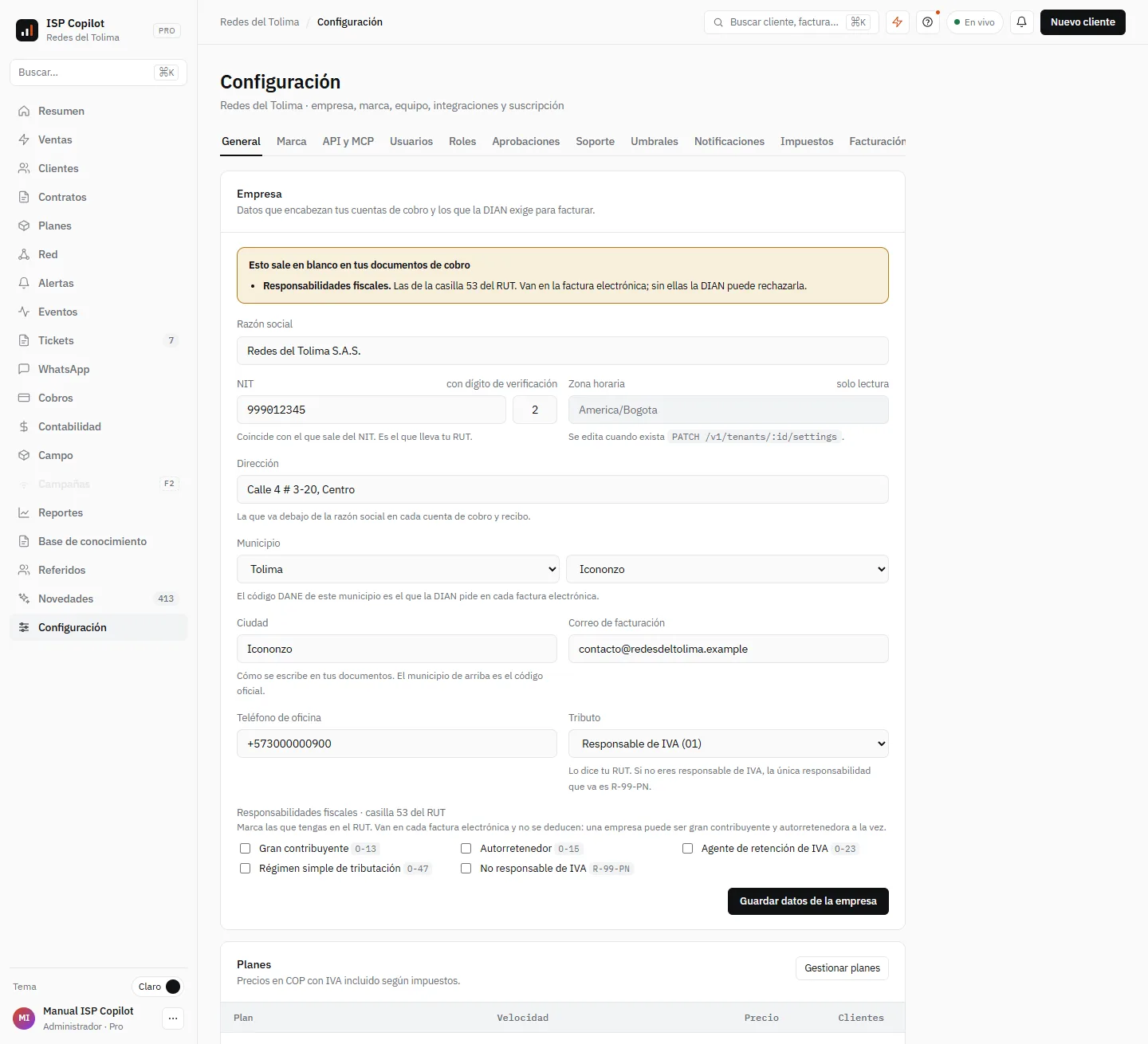 Configuración › General: los datos legales de la empresa y sus planes activos