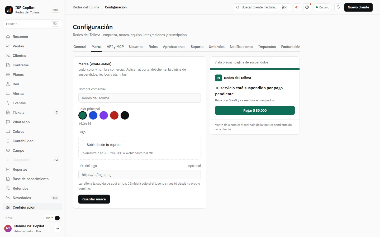 El primer paso hecho en su pantalla: Configuración › Marca, con la vista previa