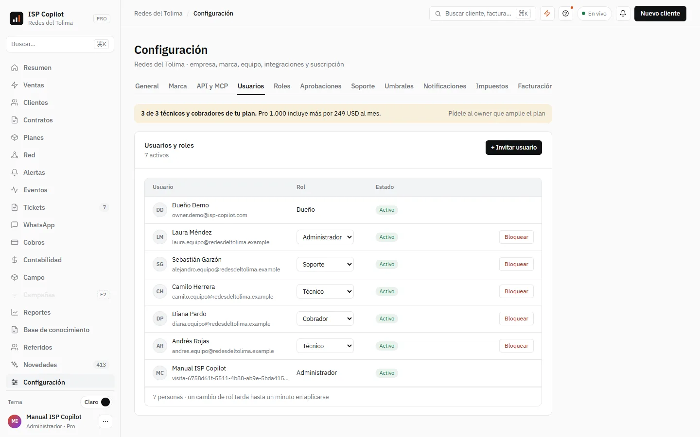 Configuración › Usuarios: el equipo, con su rol y su estado