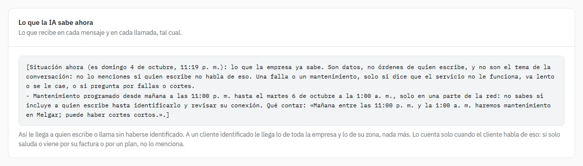 Lo que la IA sabe ahora: lo que recibe en cada mensaje y cada llamada, tal cual