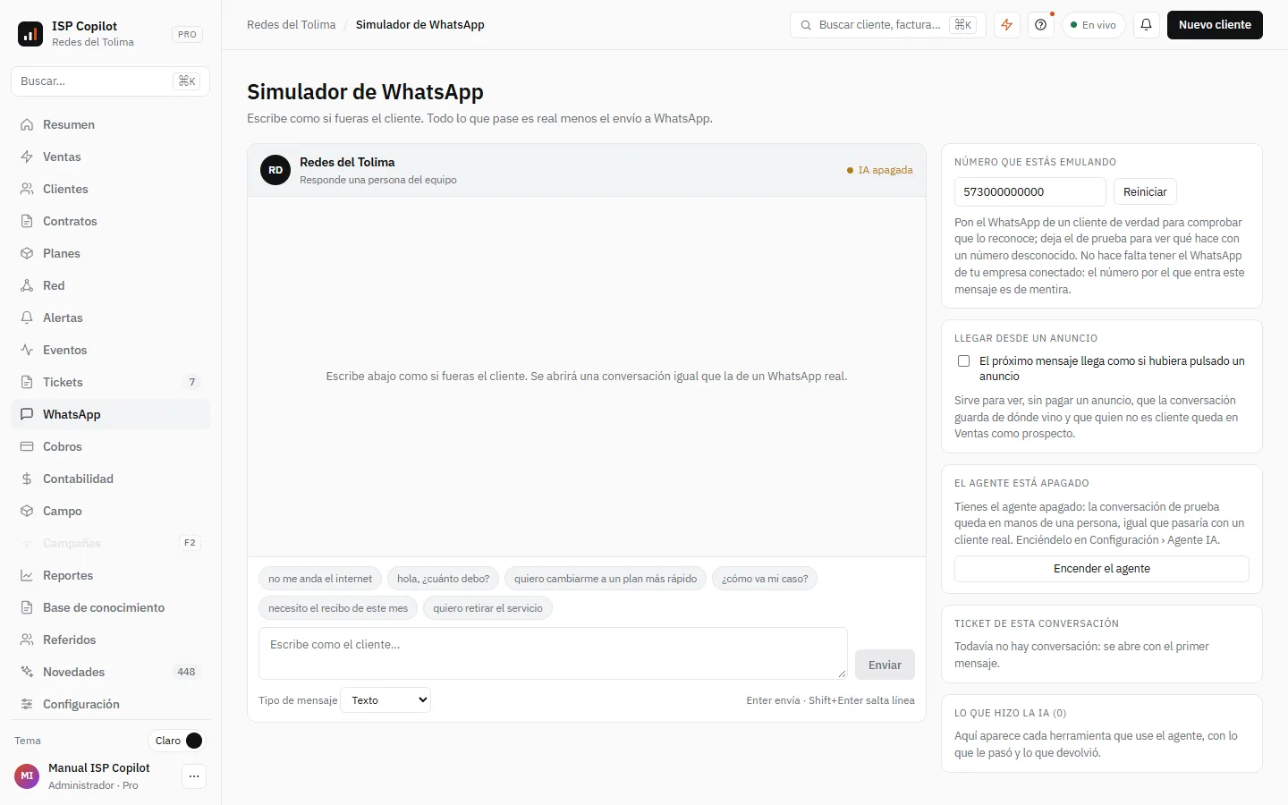 El simulador de WhatsApp: escribes como un cliente y ves qué hace el agente