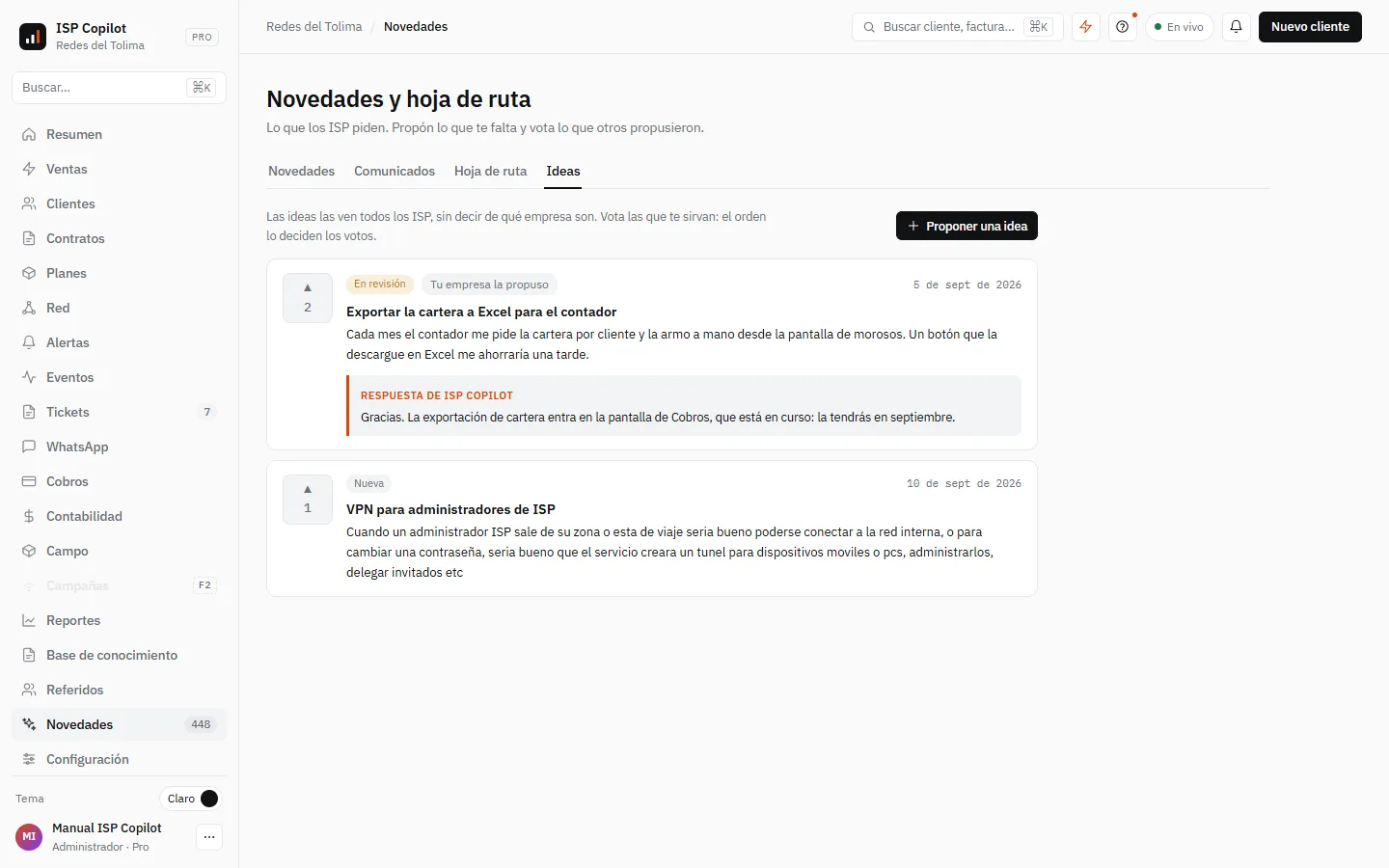 Ideas: lo que piden los ISP, ordenado por votos