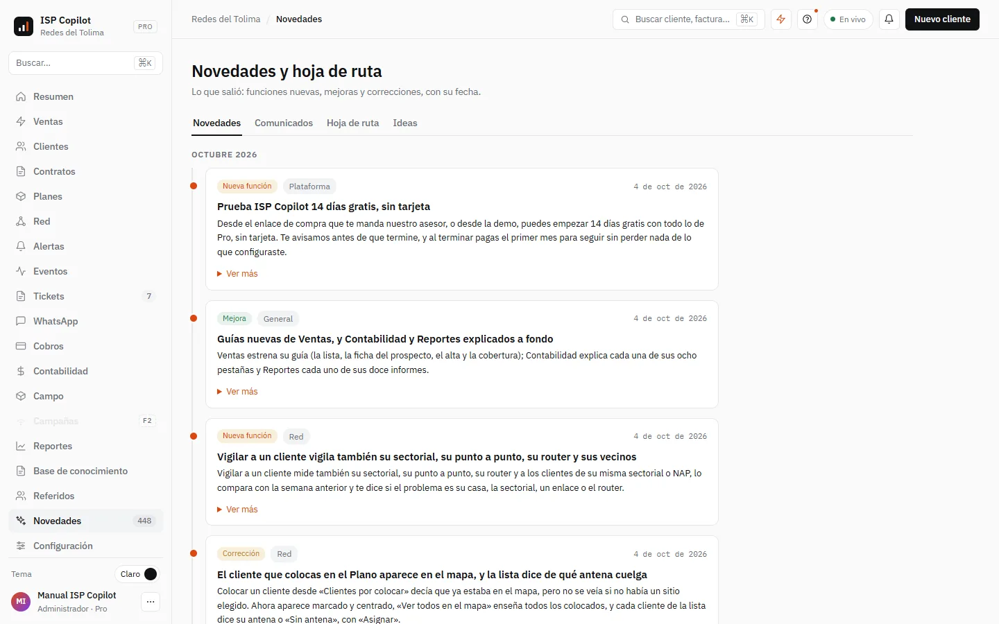Novedades: lo que salió, agrupado por mes, con su tipo, su área y su fecha