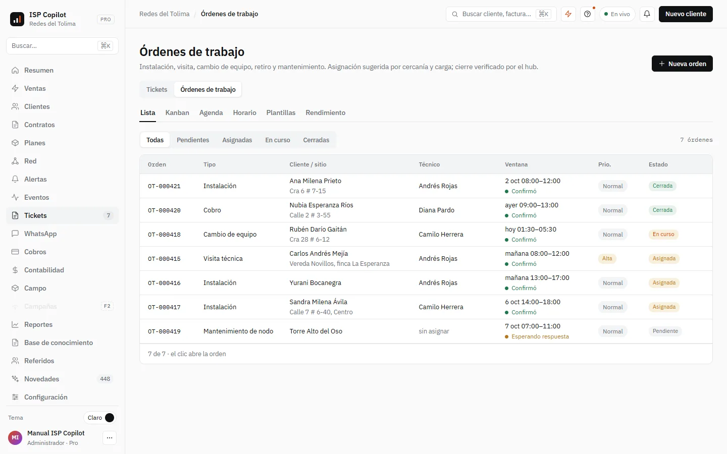 La lista de órdenes de trabajo, con el selector de Tickets y el botón para crear