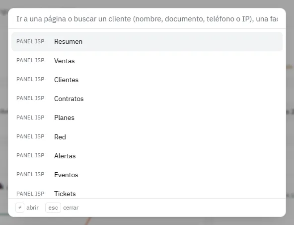 El buscador abierto con Ctrl + K: páginas del panel antes de escribir nada