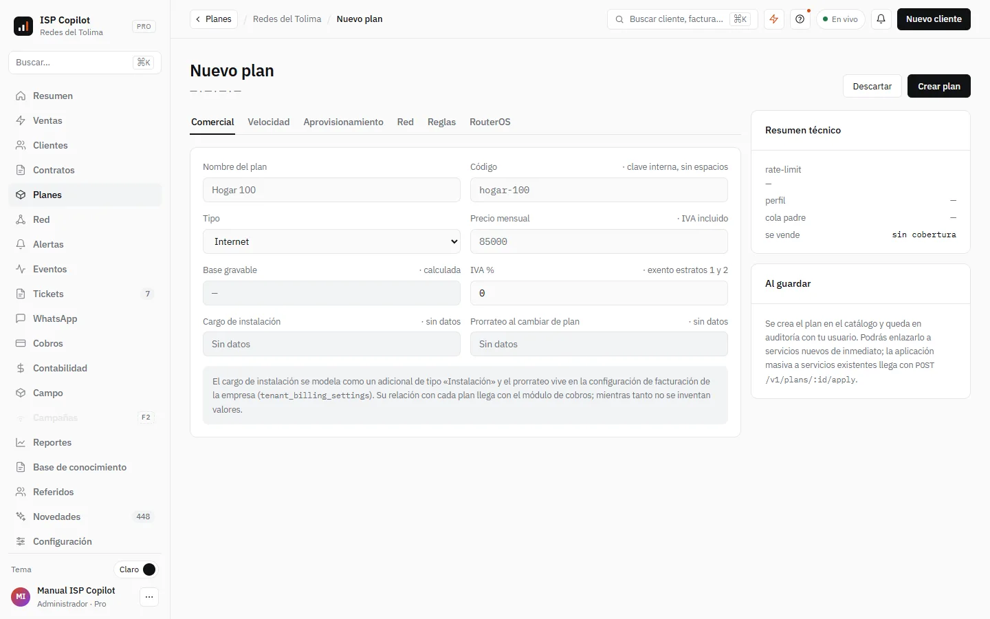 El editor de un plan: sus seis pestañas y el resumen técnico que se calcula solo