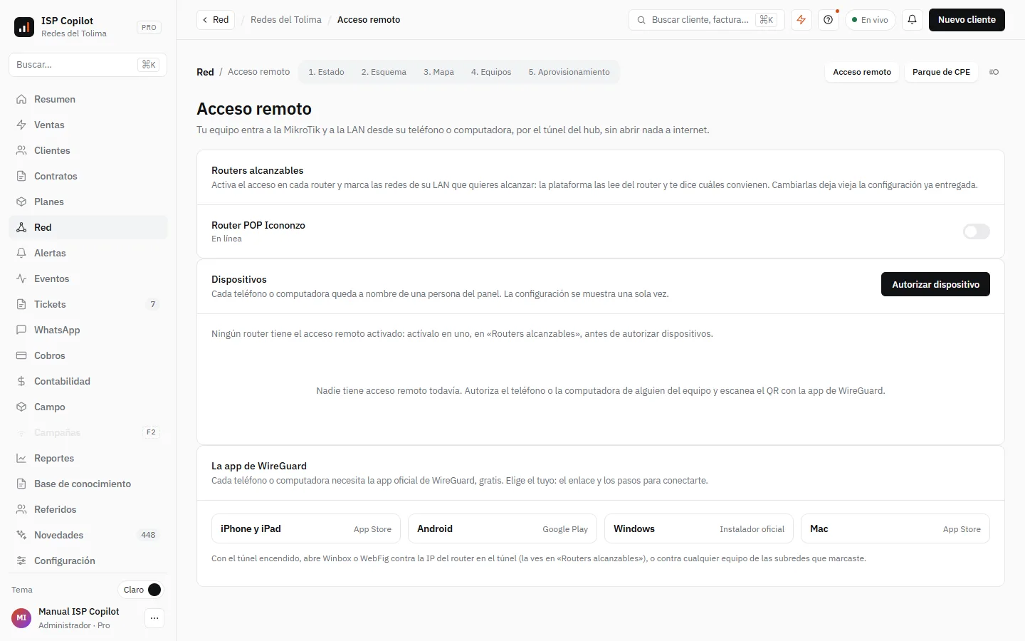 Acceso remoto: los routers que se pueden alcanzar, los dispositivos autorizados de tu equipo y la app de WireGuard para cada sistema