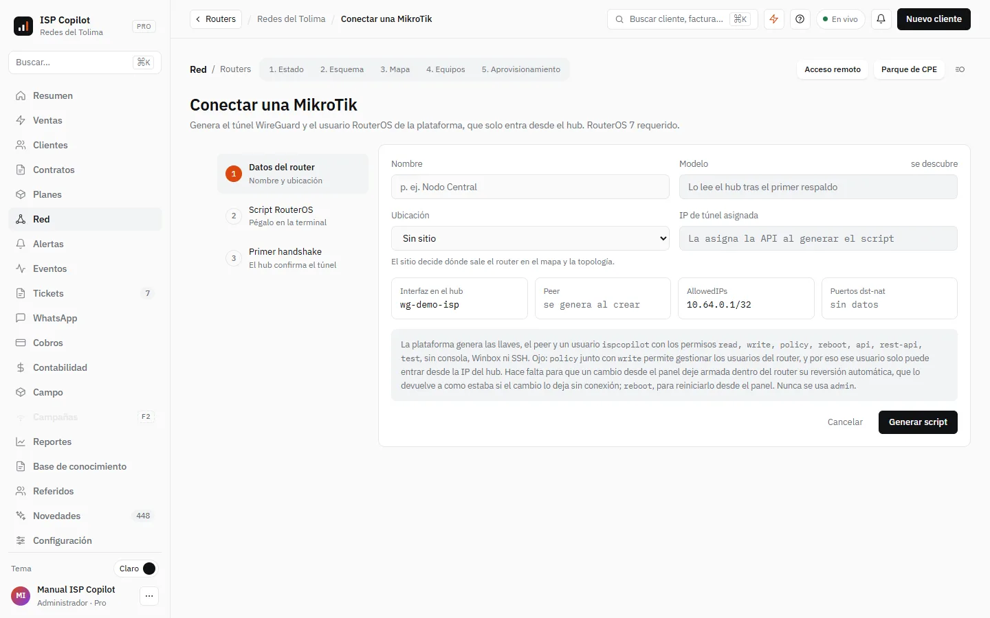El asistente para conectar una MikroTik: sus tres pasos a la izquierda y, a la derecha, el nombre, el sitio y lo que la plataforma prepara en el hub