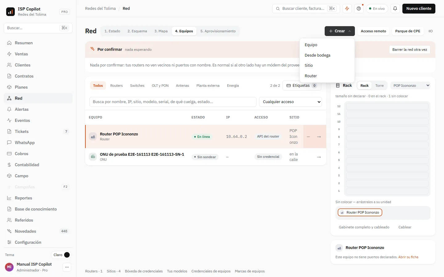 El menú «+ Crear» de la cabecera de Red, abierto: registrar un equipo, traer uno de la bodega, crear un sitio o conectar un router