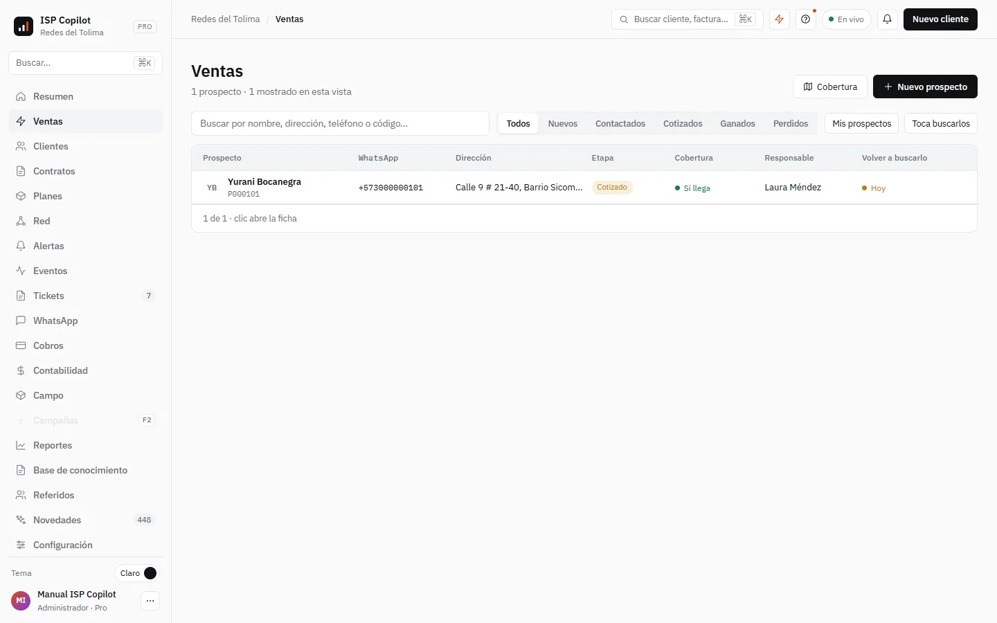 La lista de prospectos con la búsqueda, las etapas y los atajos de seguimiento