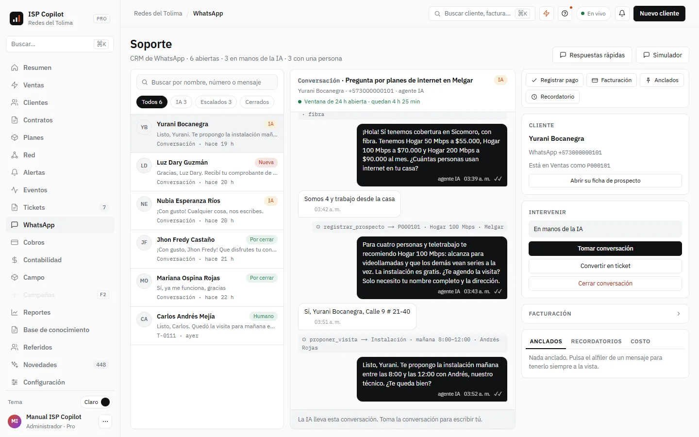 Una venta por WhatsApp: quien llegó por un anuncio pregunta por planes y la IA revisa la cobertura y lo registra en Ventas